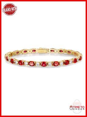 925 Sterling Silver 14K Gold Plated 5a CZ & Ruby Tennis Bracelet 7.5 Inch